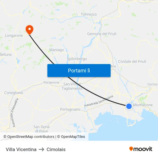 Villa Vicentina to Cimolais map