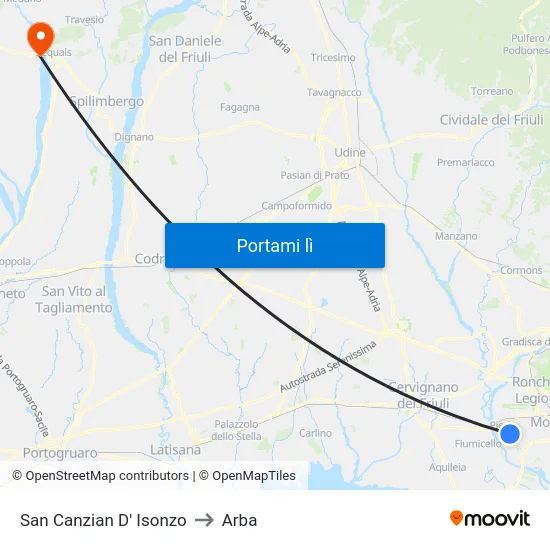 San Canzian D' Isonzo to Arba map