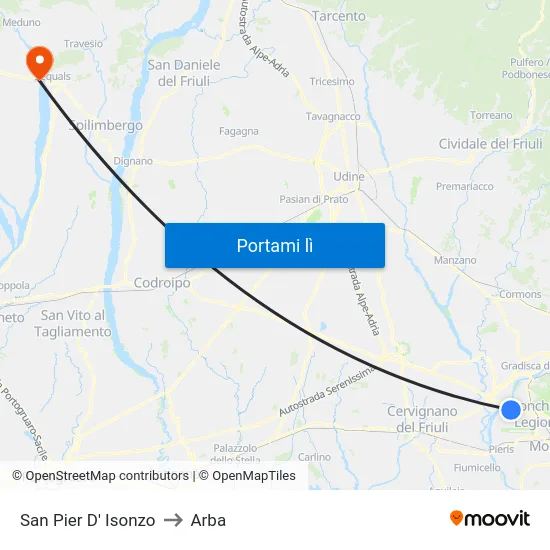 San Pier D' Isonzo to Arba map