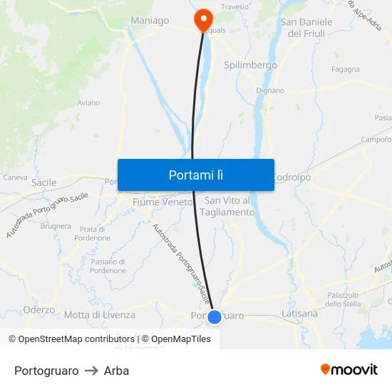 Portogruaro to Arba map