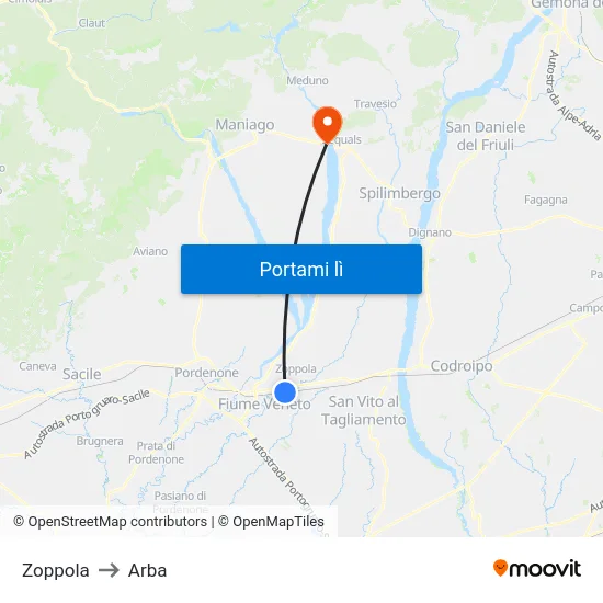 Zoppola to Arba map
