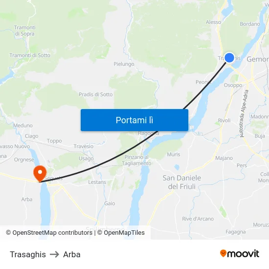 Trasaghis to Arba map