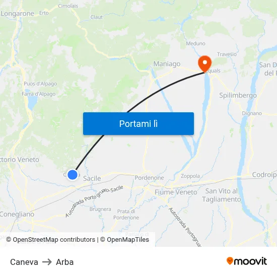 Caneva to Arba map