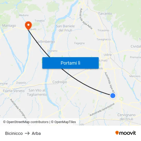 Bicinicco to Arba map