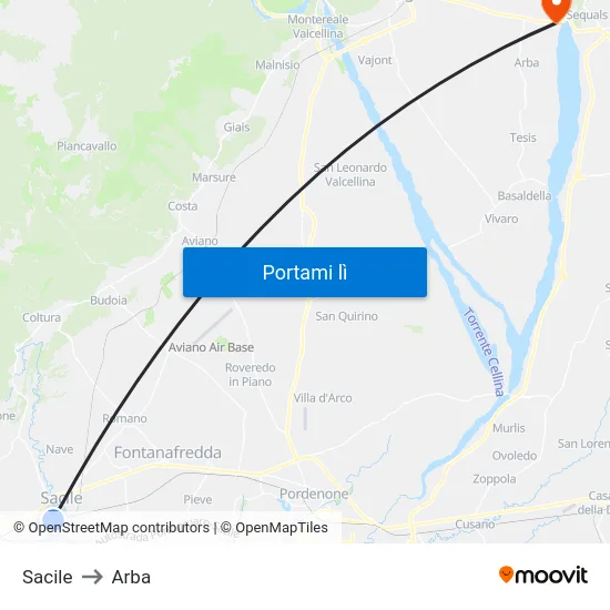 Sacile to Arba map