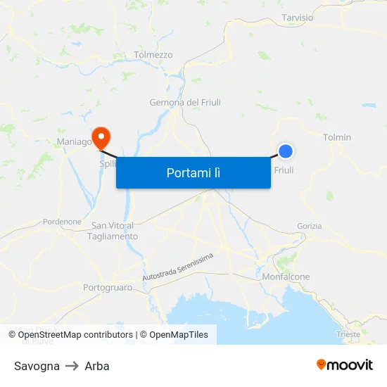 Savogna to Arba map