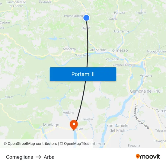 Comeglians to Arba map