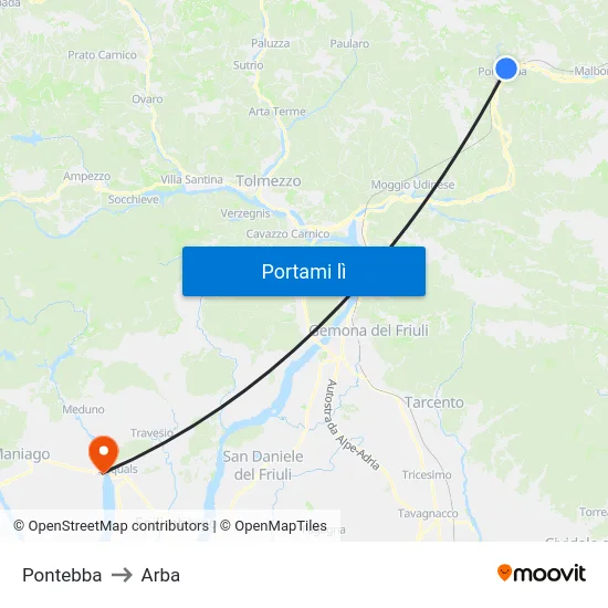 Pontebba to Arba map