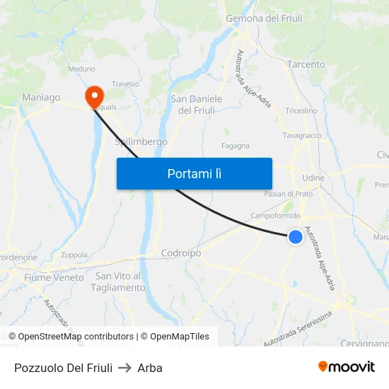 Pozzuolo Del Friuli to Arba map