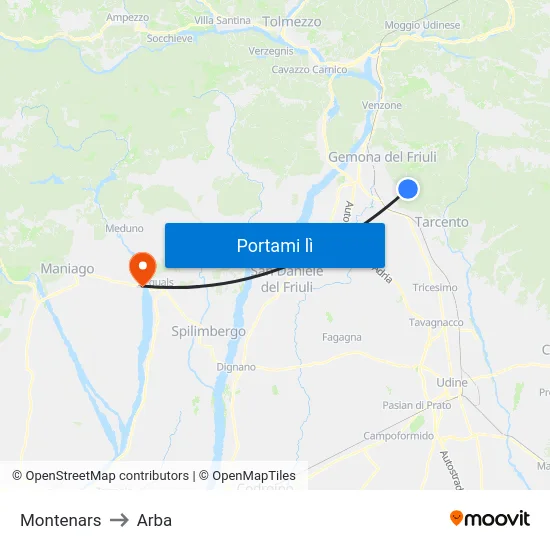 Montenars to Arba map