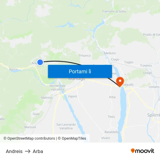 Andreis to Arba map