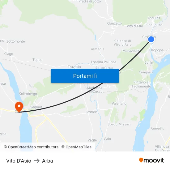 Vito D'Asio to Arba map