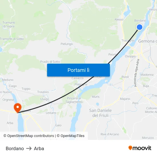 Bordano to Arba map