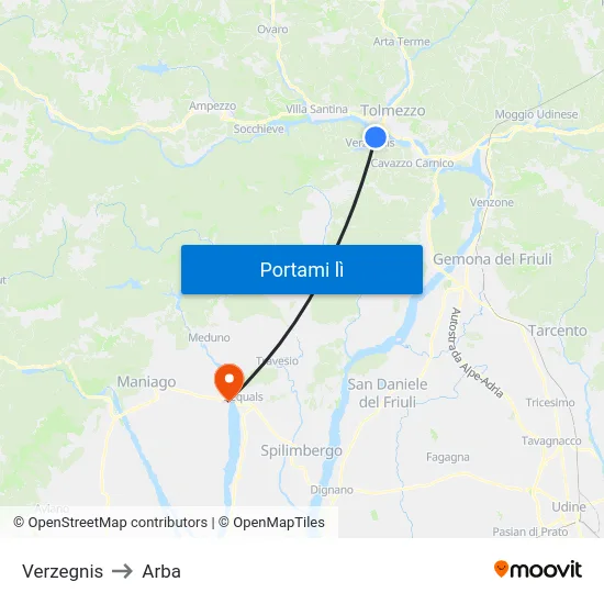 Verzegnis to Arba map