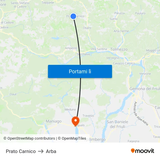 Prato Carnico to Arba map