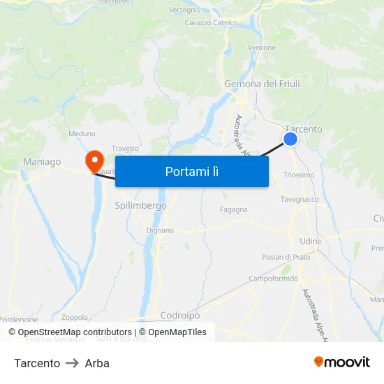Tarcento to Arba map