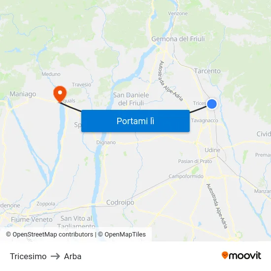 Tricesimo to Arba map