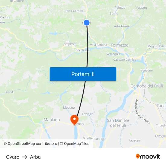 Ovaro to Arba map