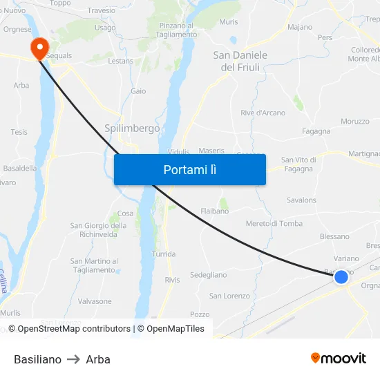 Basiliano to Arba map
