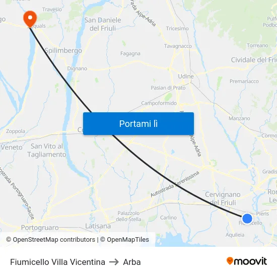 Fiumicello Villa Vicentina to Arba map