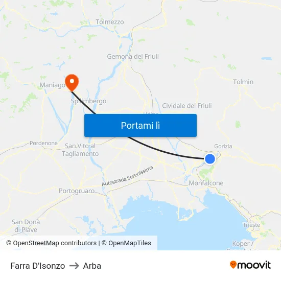 Farra D'Isonzo to Arba map