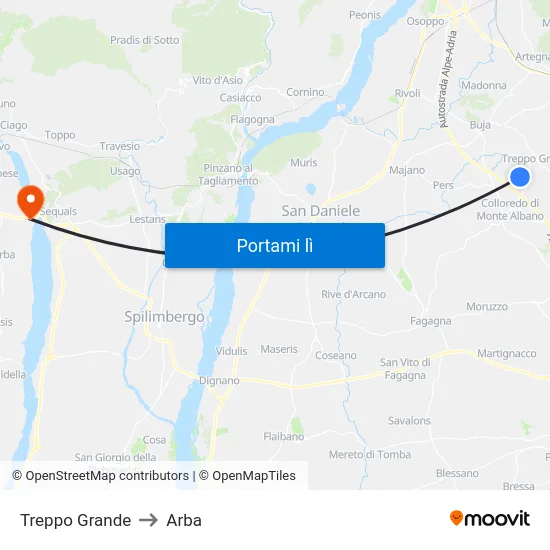 Treppo Grande to Arba map