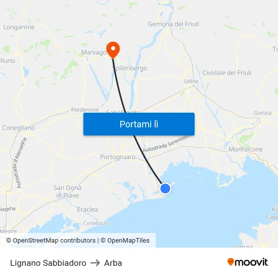 Lignano Sabbiadoro to Arba map