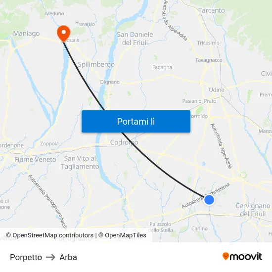 Porpetto to Arba map