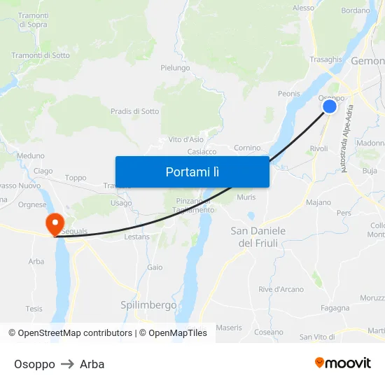 Osoppo to Arba map