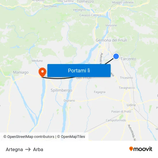 Artegna to Arba map