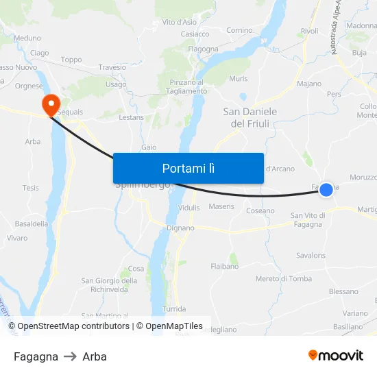 Fagagna to Arba map