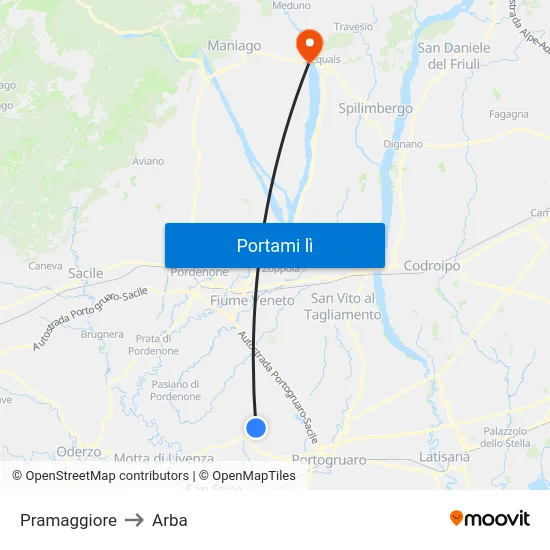Pramaggiore to Arba map
