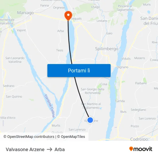 Valvasone Arzene to Arba map
