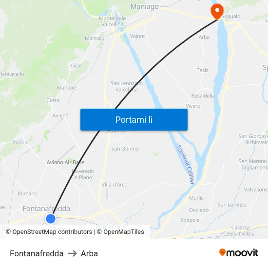 Fontanafredda to Arba map