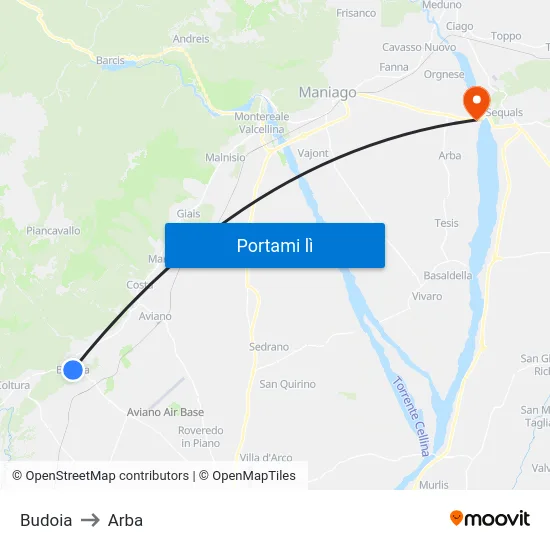 Budoia to Arba map