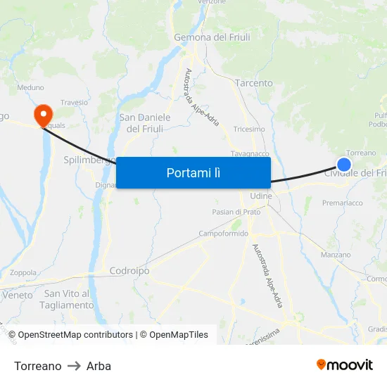 Torreano to Arba map