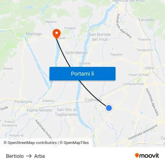 Bertiolo to Arba map