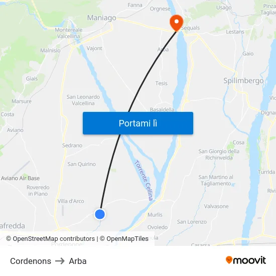 Cordenons to Arba map