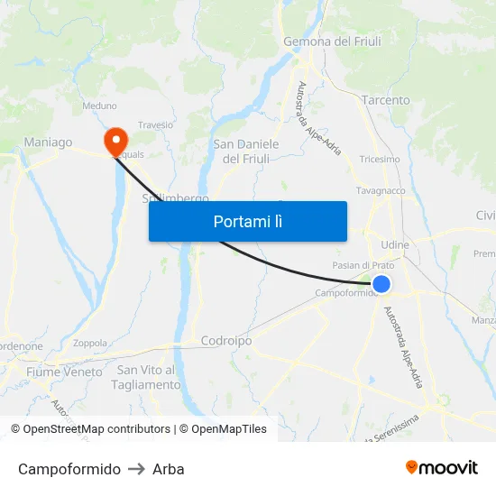 Campoformido to Arba map