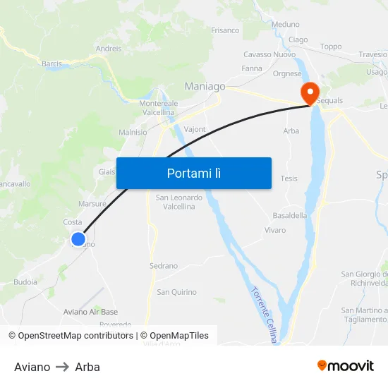 Aviano to Arba map