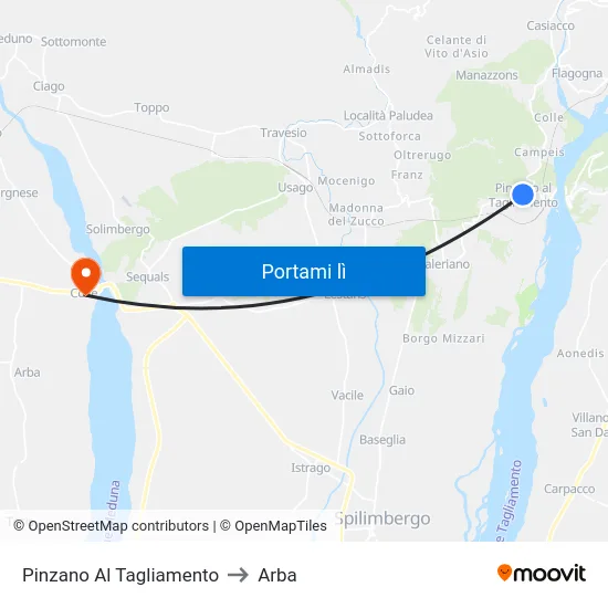 Pinzano Al Tagliamento to Arba map