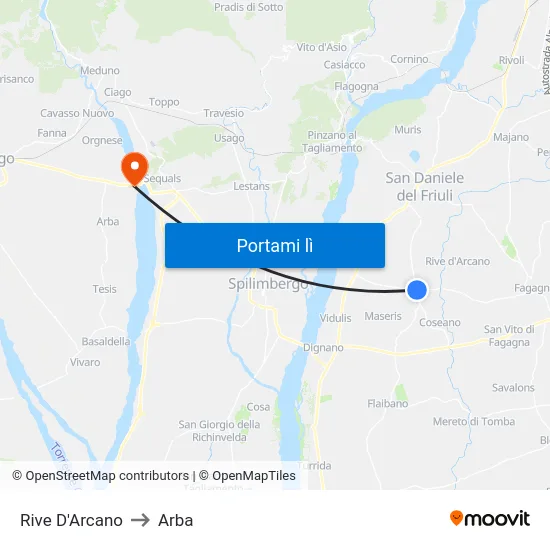 Rive D'Arcano to Arba map