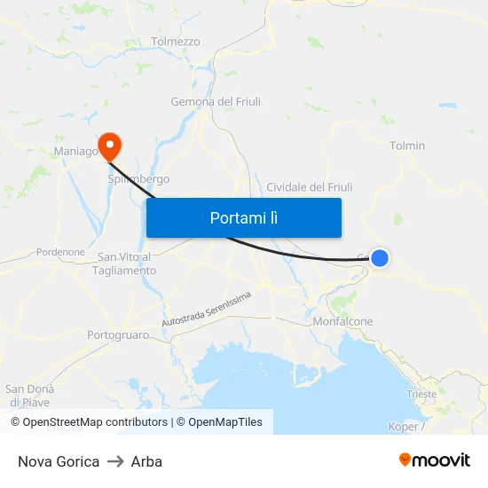 Nova Gorica to Arba map