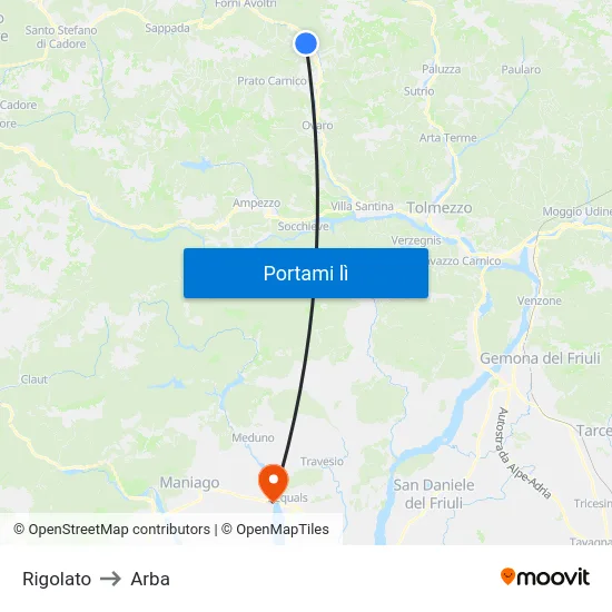 Rigolato to Arba map