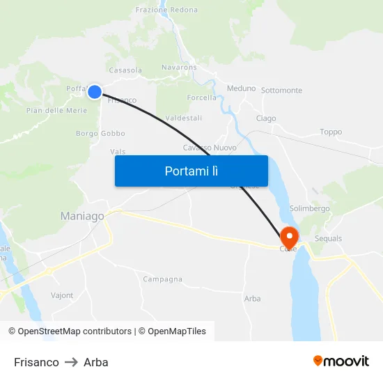 Frisanco to Arba map
