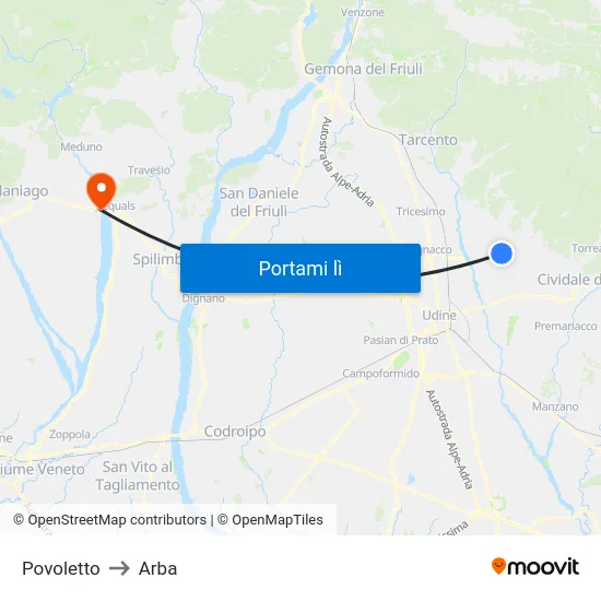 Povoletto to Arba map