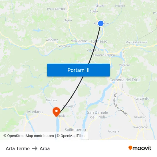 Arta Terme to Arba map