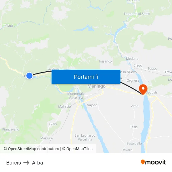 Barcis to Arba map