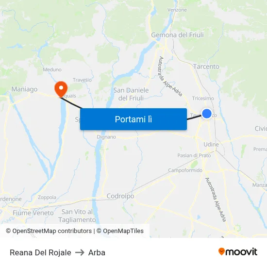 Reana Del Rojale to Arba map