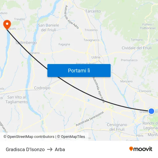 Gradisca D'Isonzo to Arba map